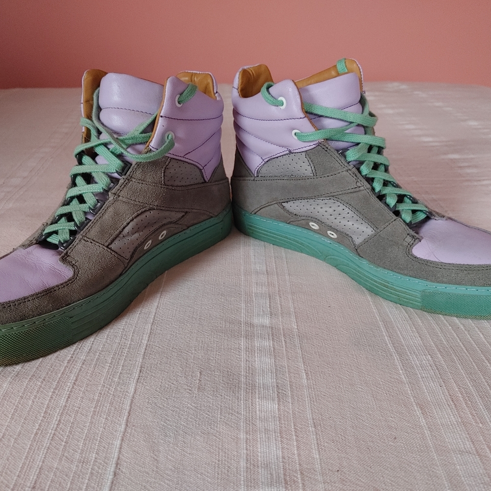 John Fluevog LoPro Leon Retro High-Top Sneakers in Lavender, Gray & Aqua - Picture 3 of 8